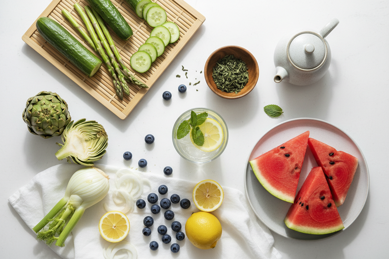 Alimenti di una dieta drenante: verdura, frutta e cibi ricchi di acqua e potassio